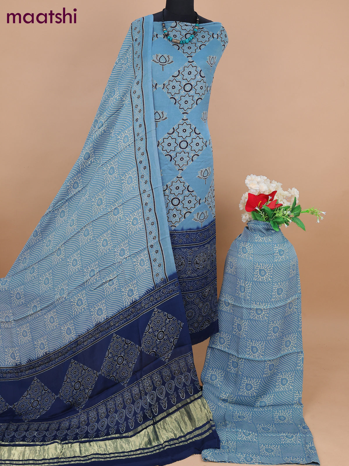 Modal silk dress material pastel blue and peacock blue with allover ajrakh prints and bottom & dupatta