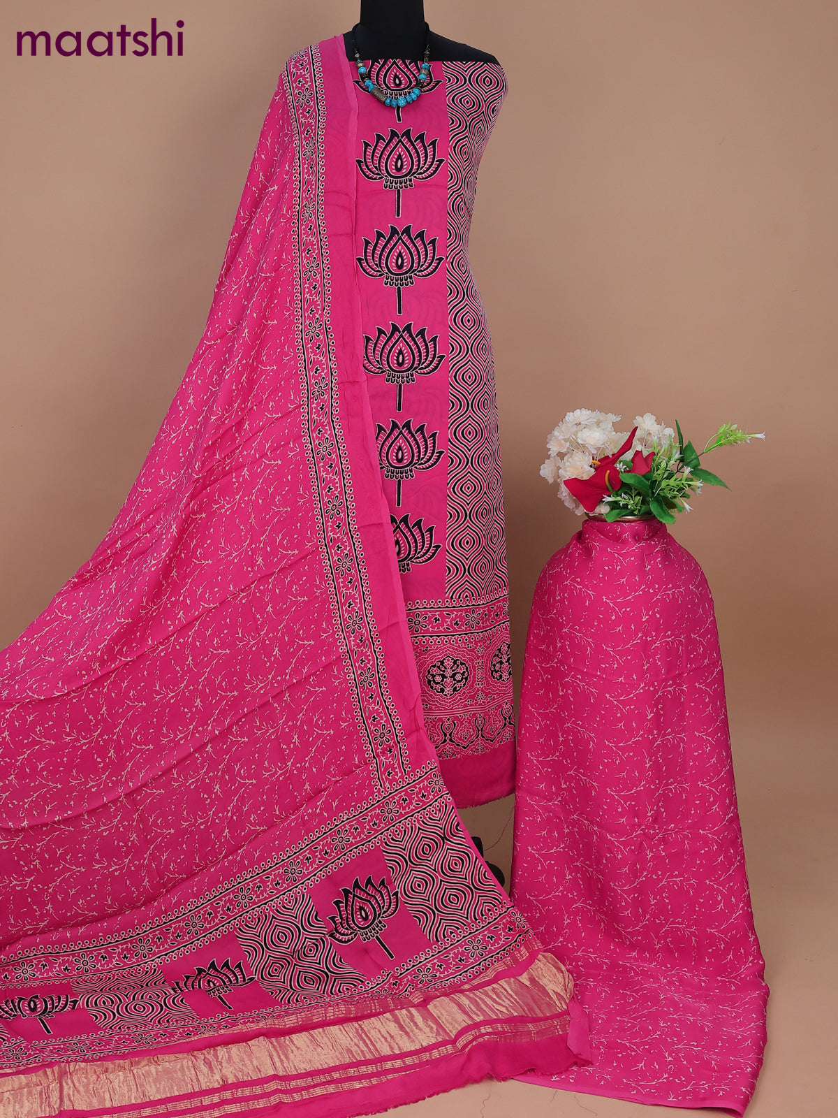 Modal silk dress material pink with allover ajrakh prints and bottom & dupatta