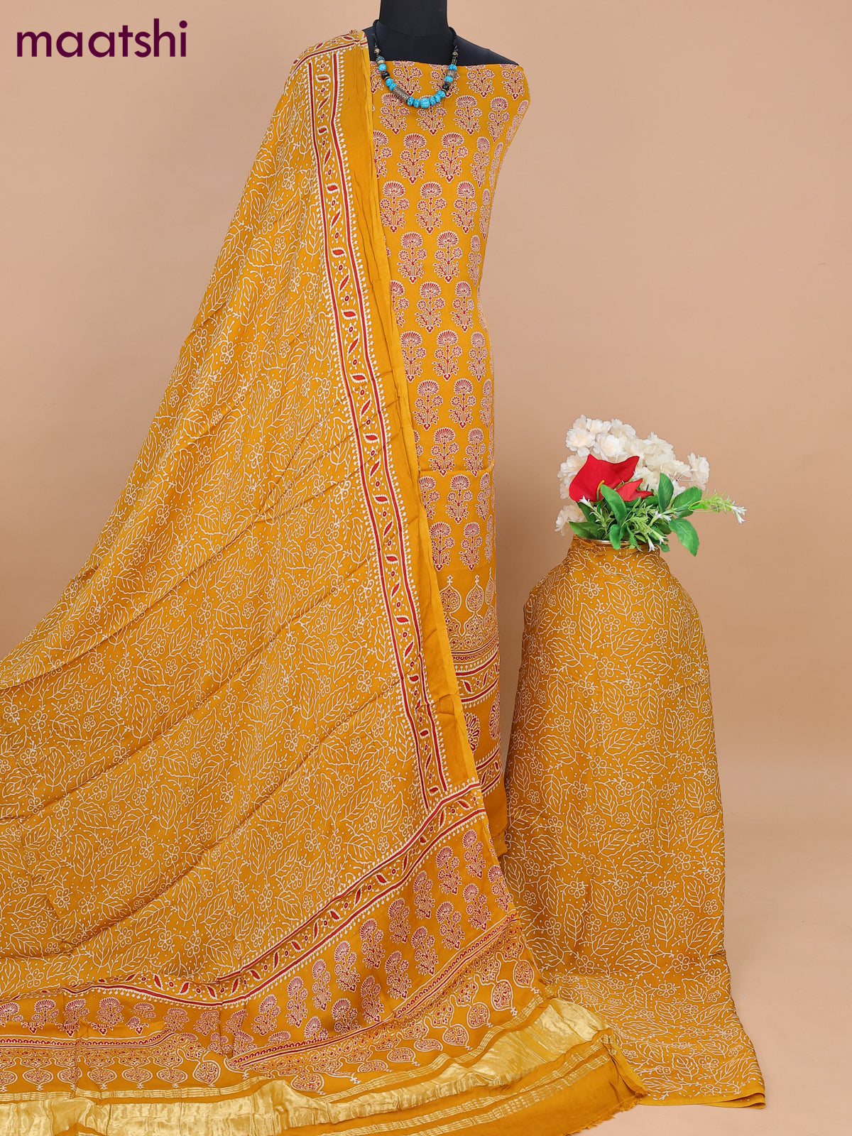 Modal silk dress material mustard shade with allover ajrakh prints and bottom & dupatta