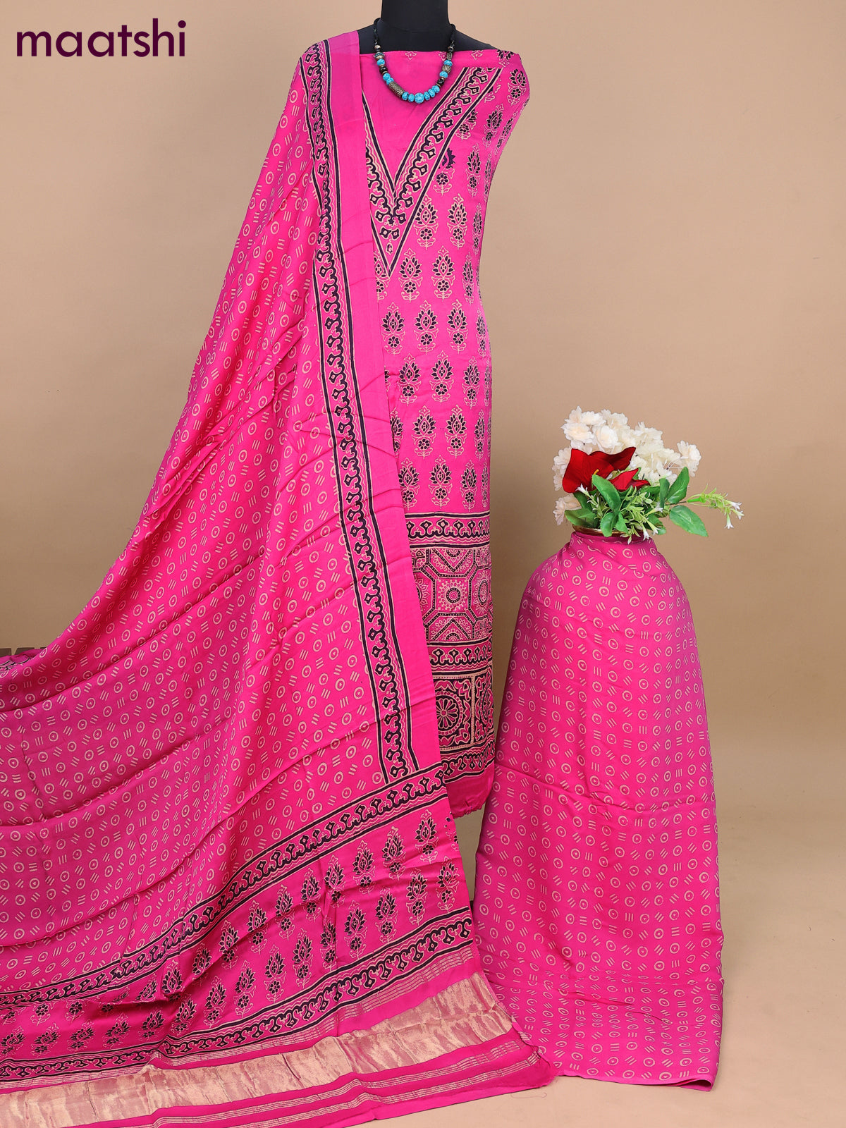Modal silk dress material pink with allover ajrakh prints and bottom & dupatta