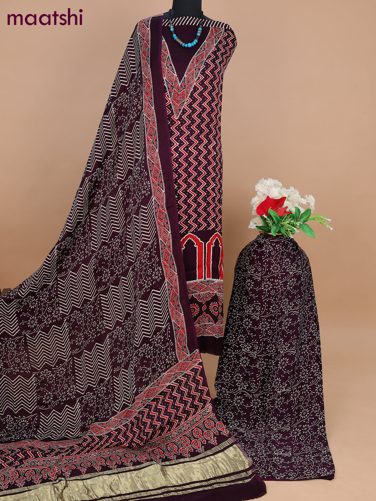 Modal silk dress material deep wine shade with allover ajrakh prints and bottom & dupatta