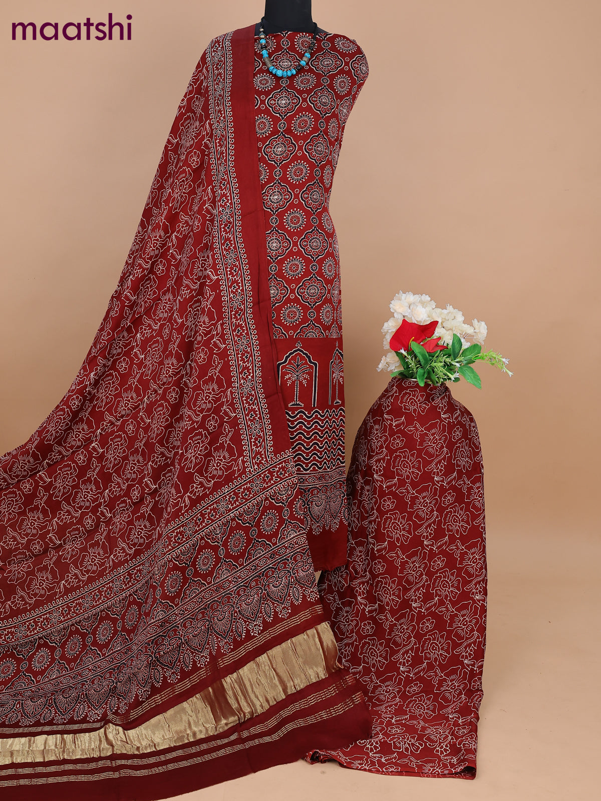 Modal silk dress material maroon with allover ajrakh prints and bottom & dupatta