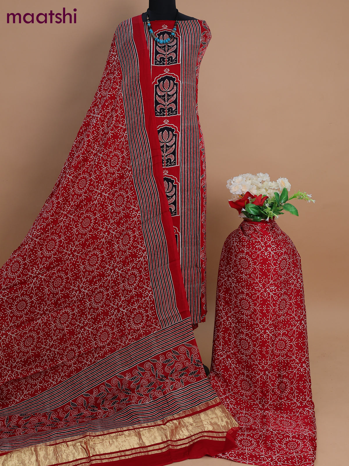 Modal silk dress material red with allover ajrakh prints and bottom & dupatta