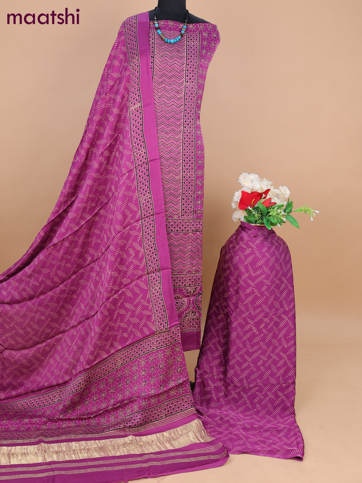 Modal silk dress material magenta pink shade with allover ajrakh prints and bottom & dupatta