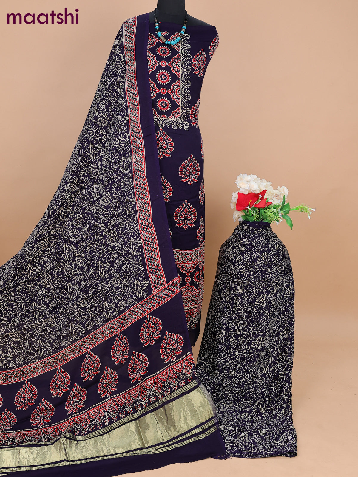 Modal silk dress material deep navy blue with allover ajrakh prints and bottom & dupatta