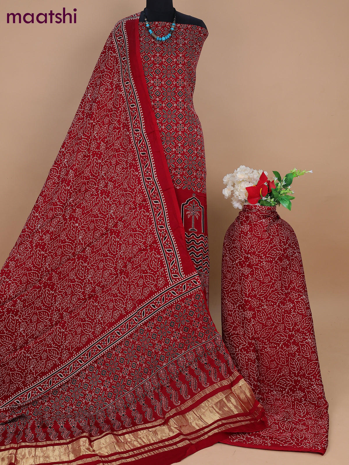 Modal silk dress material kumkum red with allover ajrakh prints and bottom & dupatta