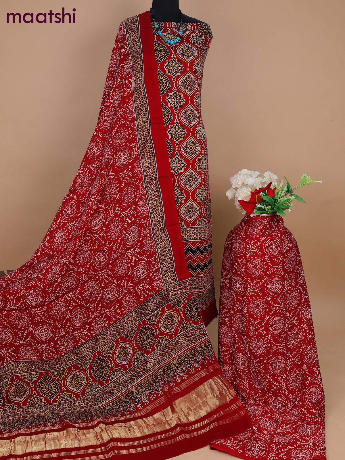 Modal silk dress material red with allover ajrakh prints and bottom & dupatta