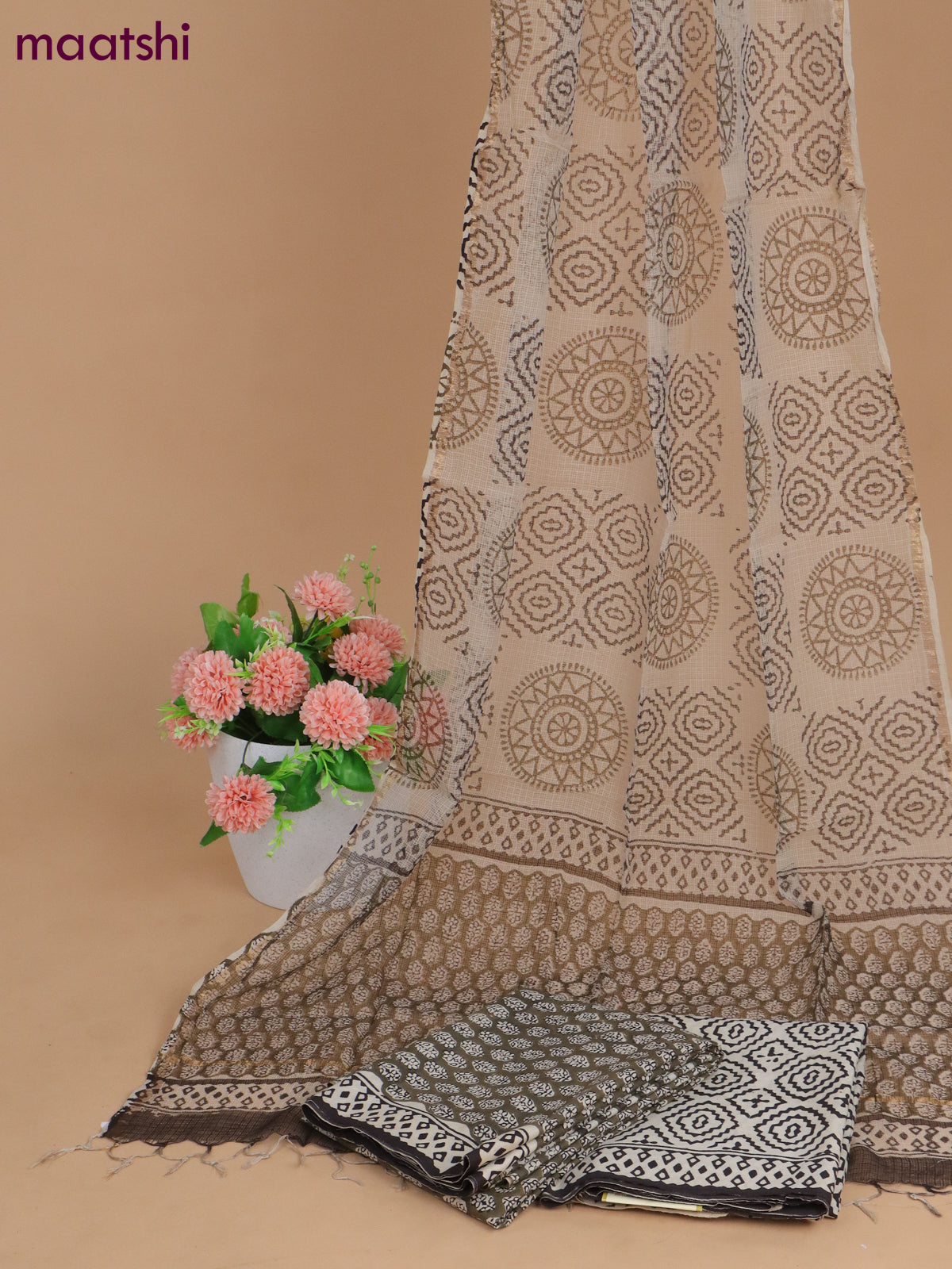 Mulmul cotton dress material grey shade and cream with allover butta prints and bottom & kota printed dupatta