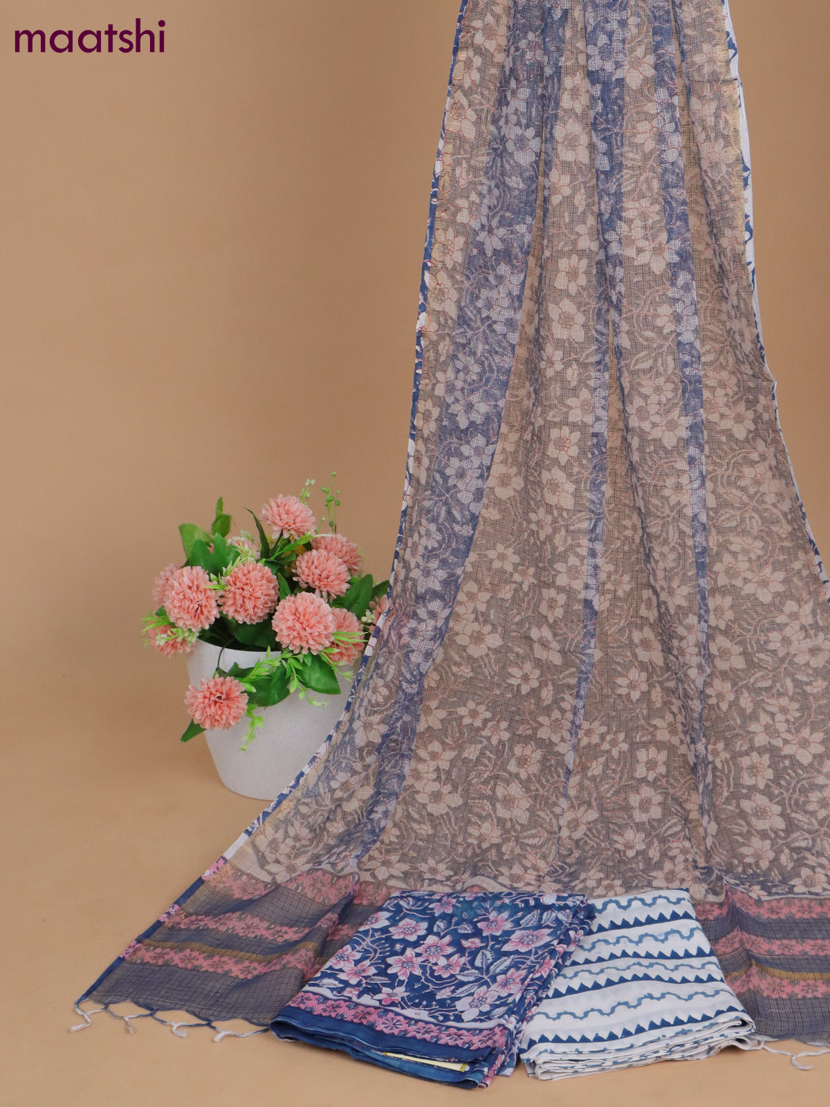 Mulmul cotton dress material blue and off white with allover floral prints and bottom & kota printed dupatta