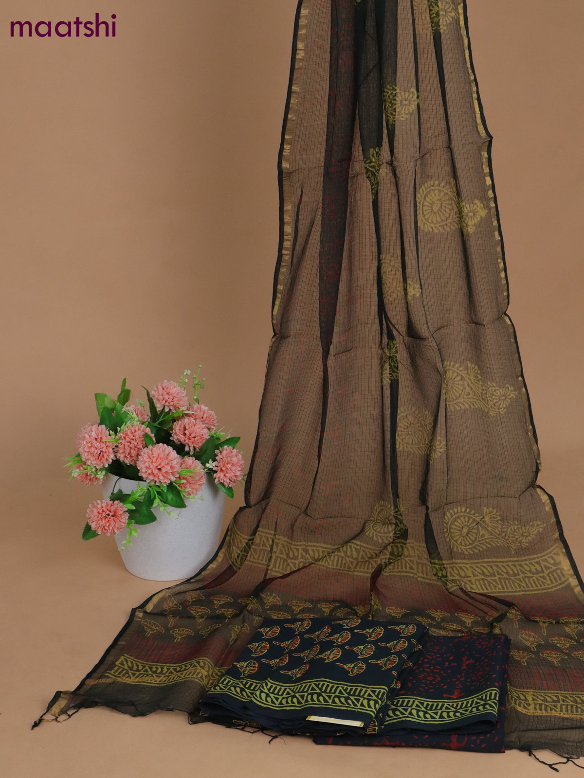 Mulmul cotton dress material bottle green with allover butta prints and bottom & kota printed dupatta