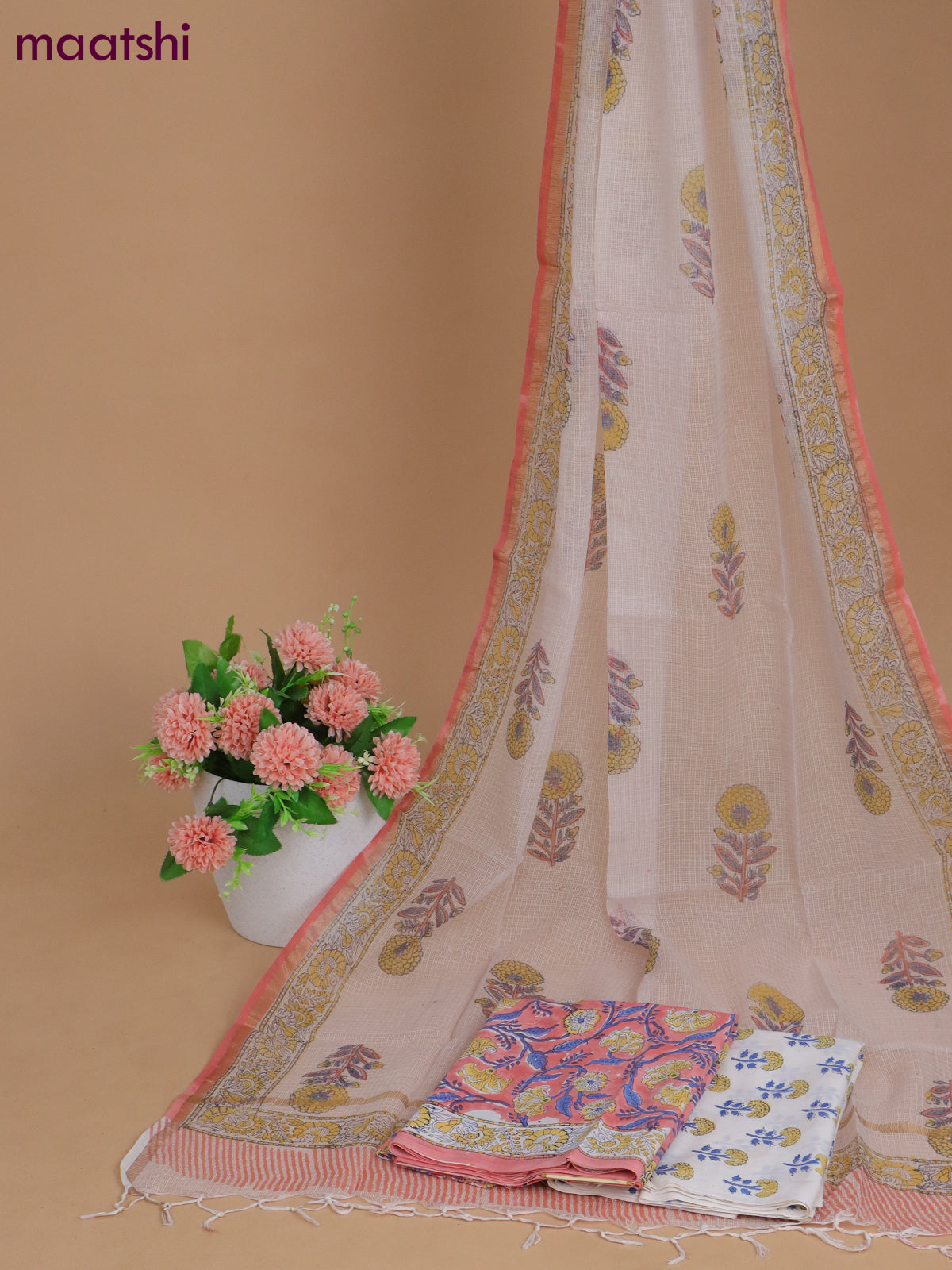 Mulmul cotton dress material peach pink and off white with allover kalamkari prints and bottom & kota printed dupatta