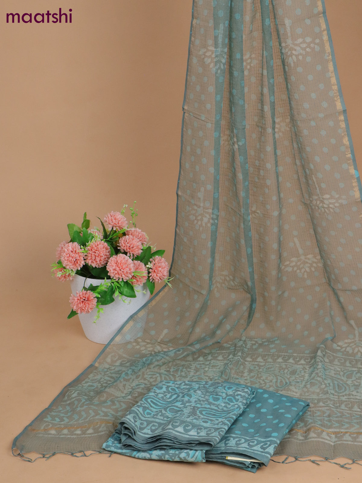Mulmul cotton dress material pastel shade with allover batik prints and bottom & kota printed dupatta