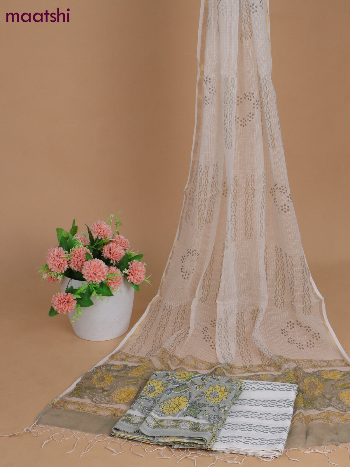 Mulmul cotton dress material grey shade and off white with allover kalamkari prints and bottom & kota printed dupatta