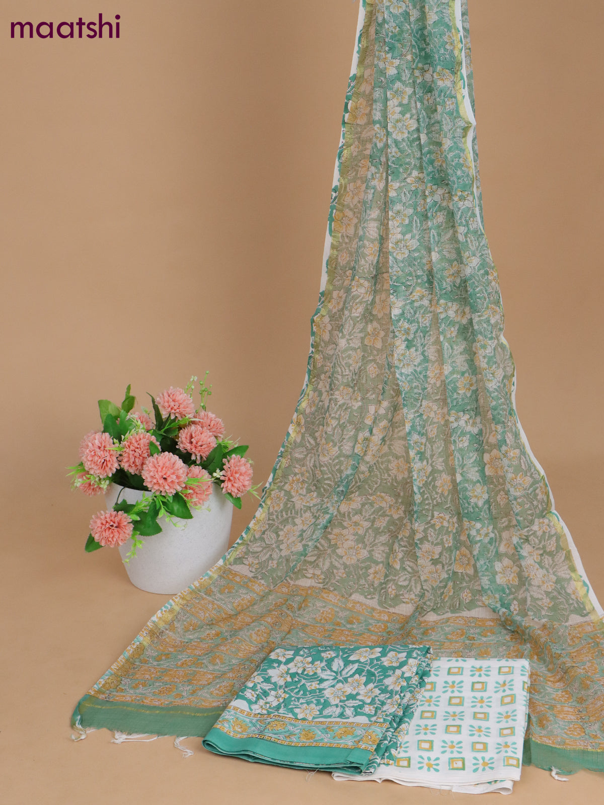 Mulmul cotton dress material teal shade and off white with allover kalamkari prints and bottom & kota printed dupatta