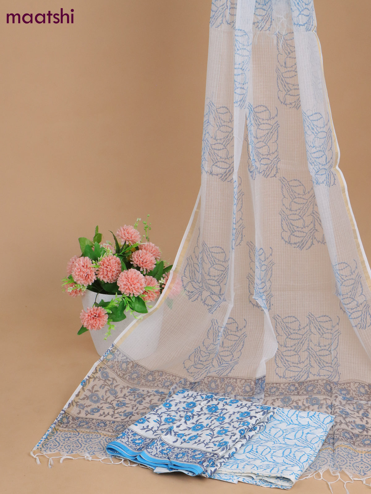 Mulmul cotton dress material off white and blue with allover kalamkari prints and bottom & kota printed dupatta