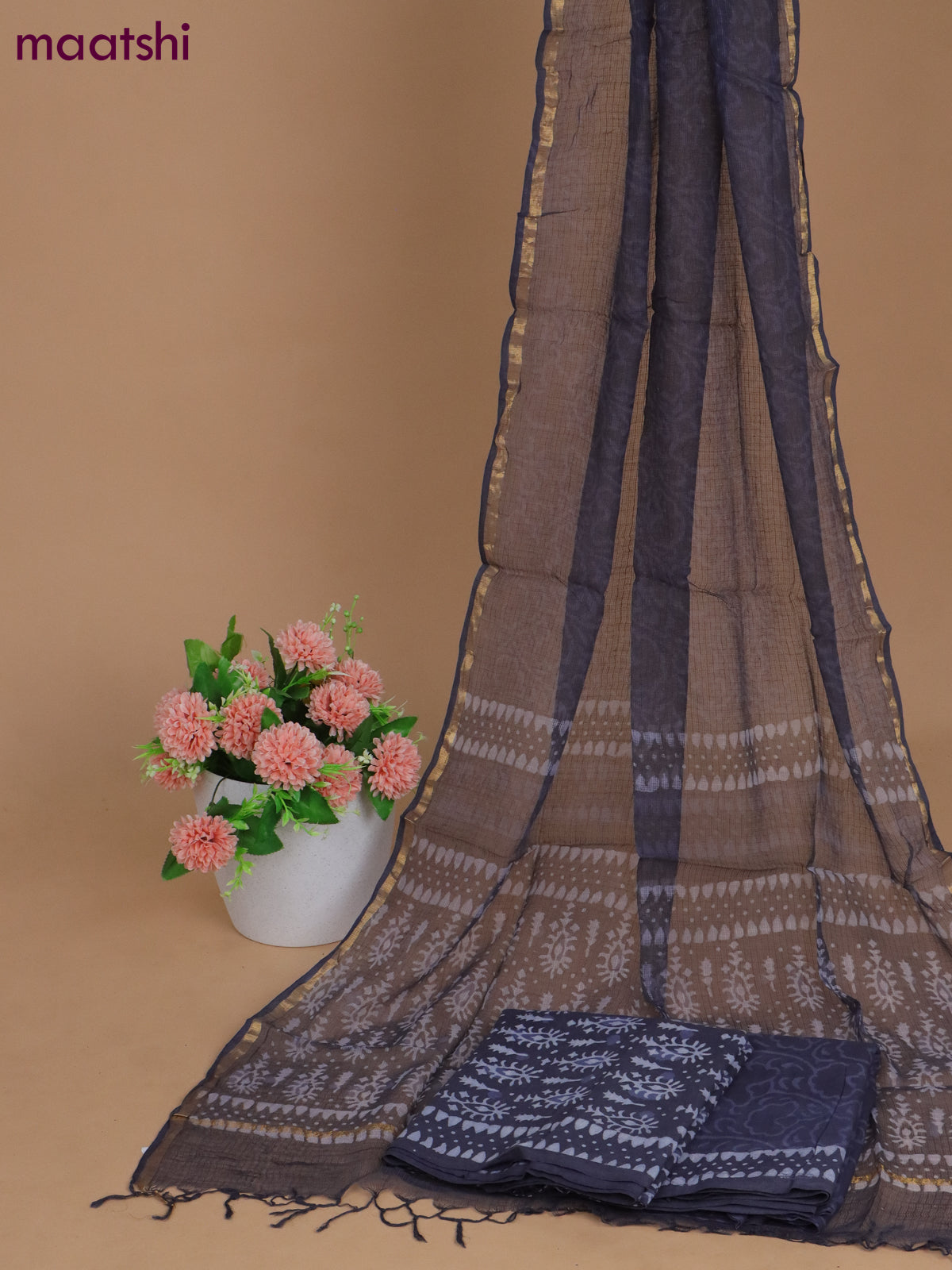 Mulmul cotton dress material grey with allover prints and bottom & kota printed dupatta