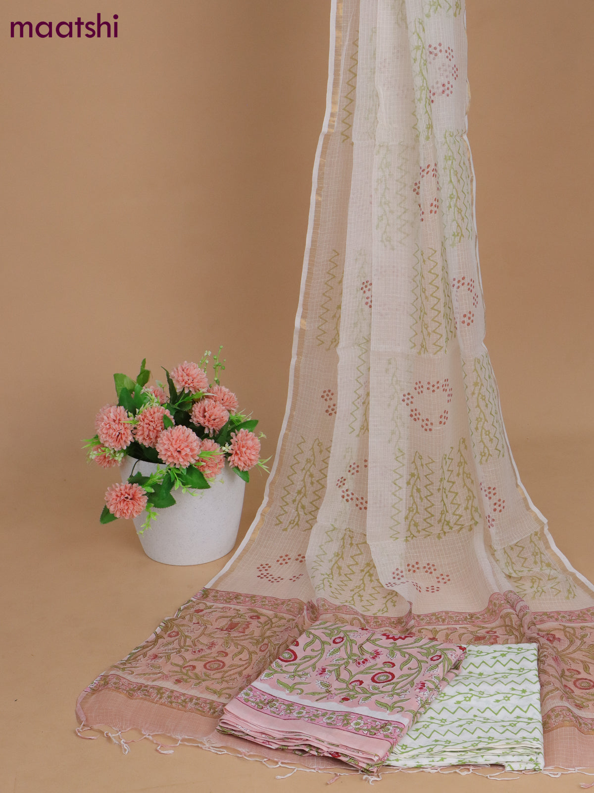 Mulmul cotton dress material peach shade and off white with allover butta prints and bottom & kota printed dupatta