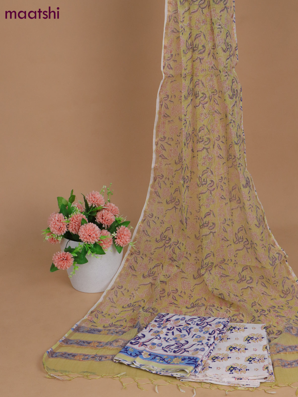 Mulmul cotton dress material off white and blue with allover kalamkari prints and bottom & kota printed dupatta