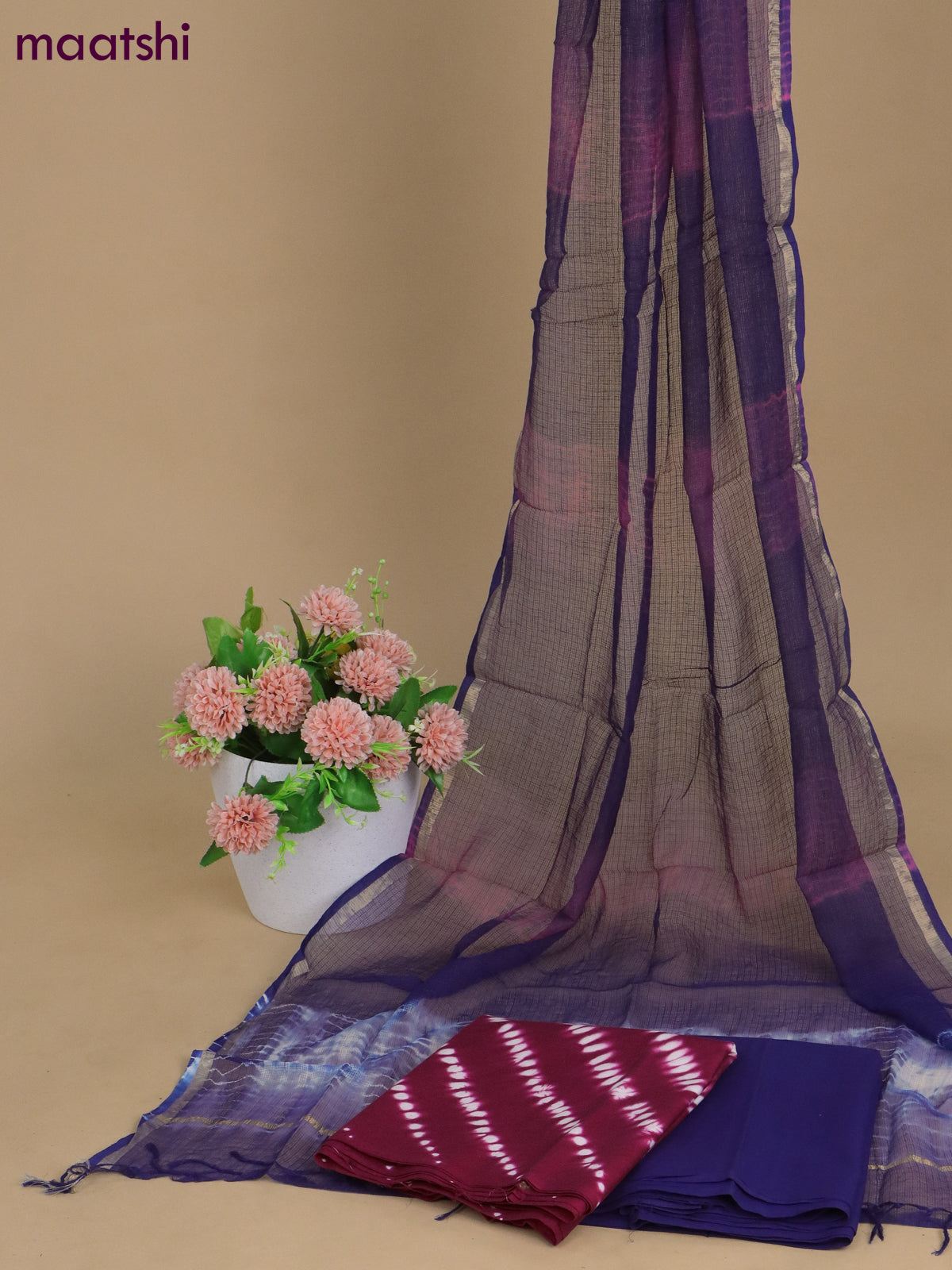 Mulmul cotton dress material dark magenta pink and blue with allover shibori prints and bottom & kota printed dupatta