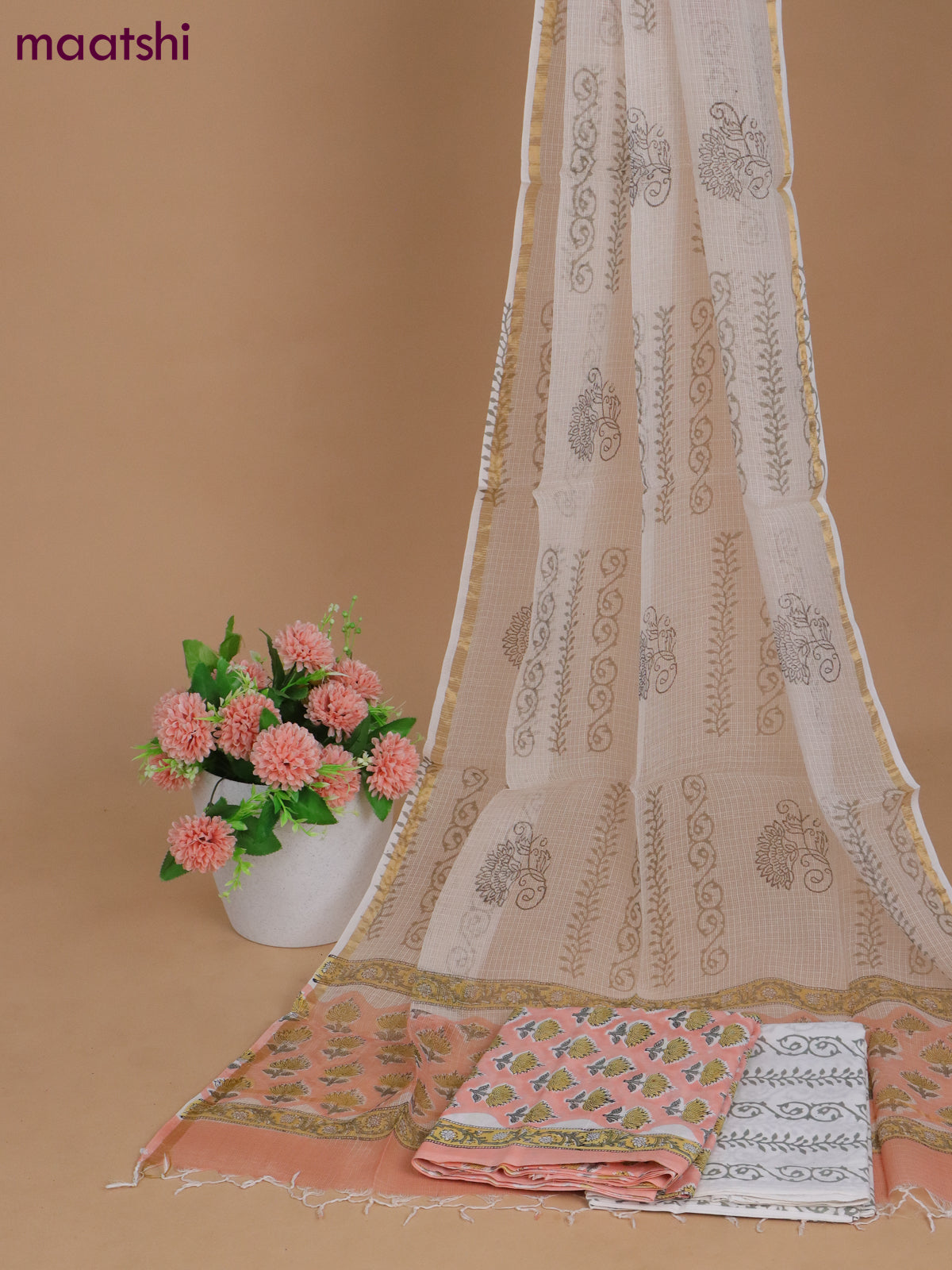 Mulmul cotton dress material peach shade and off white with allover butta prints and bottom & kota printed dupatta