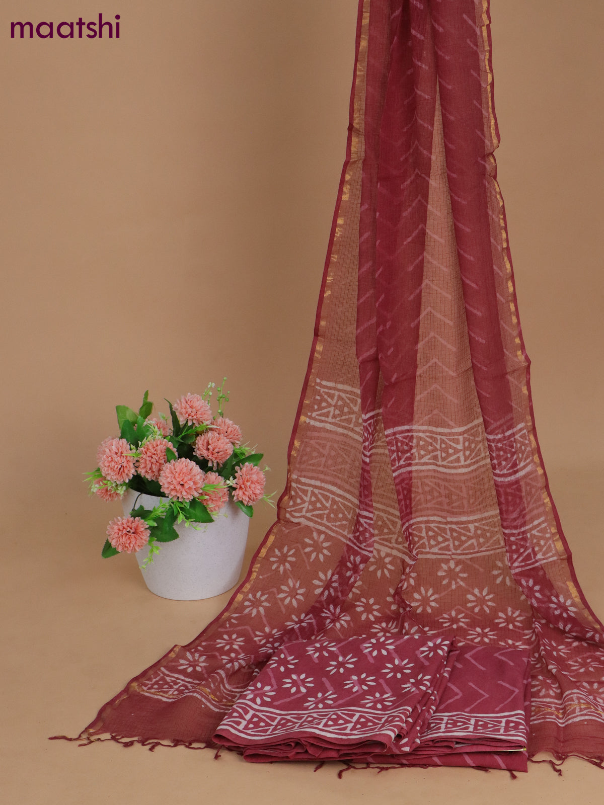 Mulmul cotton dress material pastel maroon with allover prints and bottom & kota printed dupatta