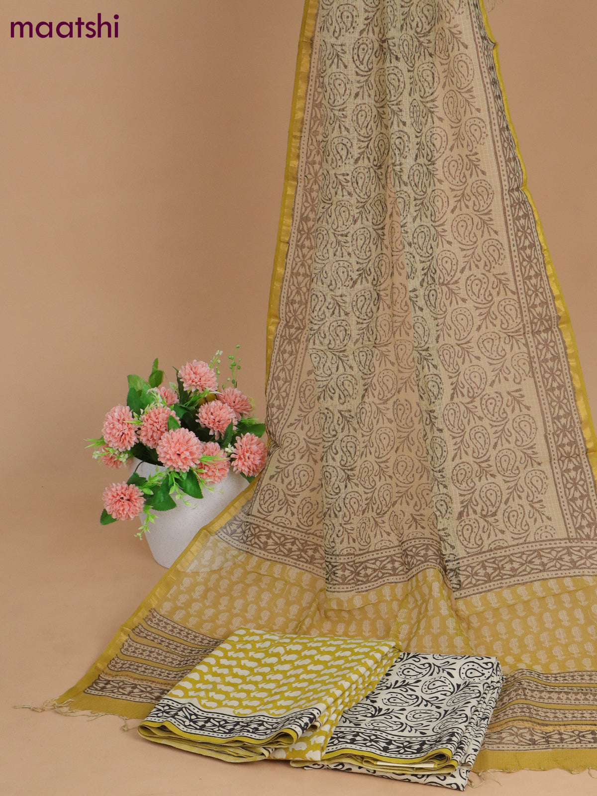Mulmul cotton dress material mustard yellow and cream with allover butta prints and bottom & kota printed dupatta