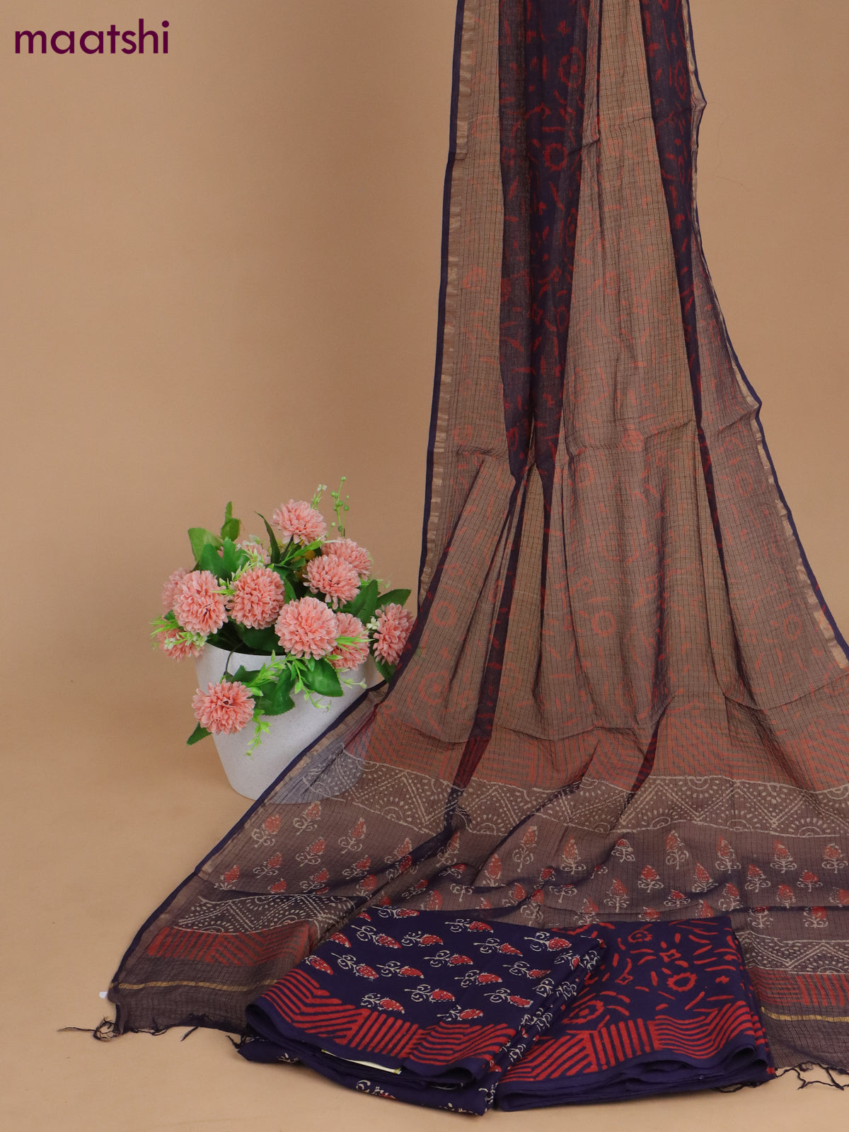 Mulmul cotton dress material deep navy blue and red with allover butta prints and bottom & kota printed dupatta