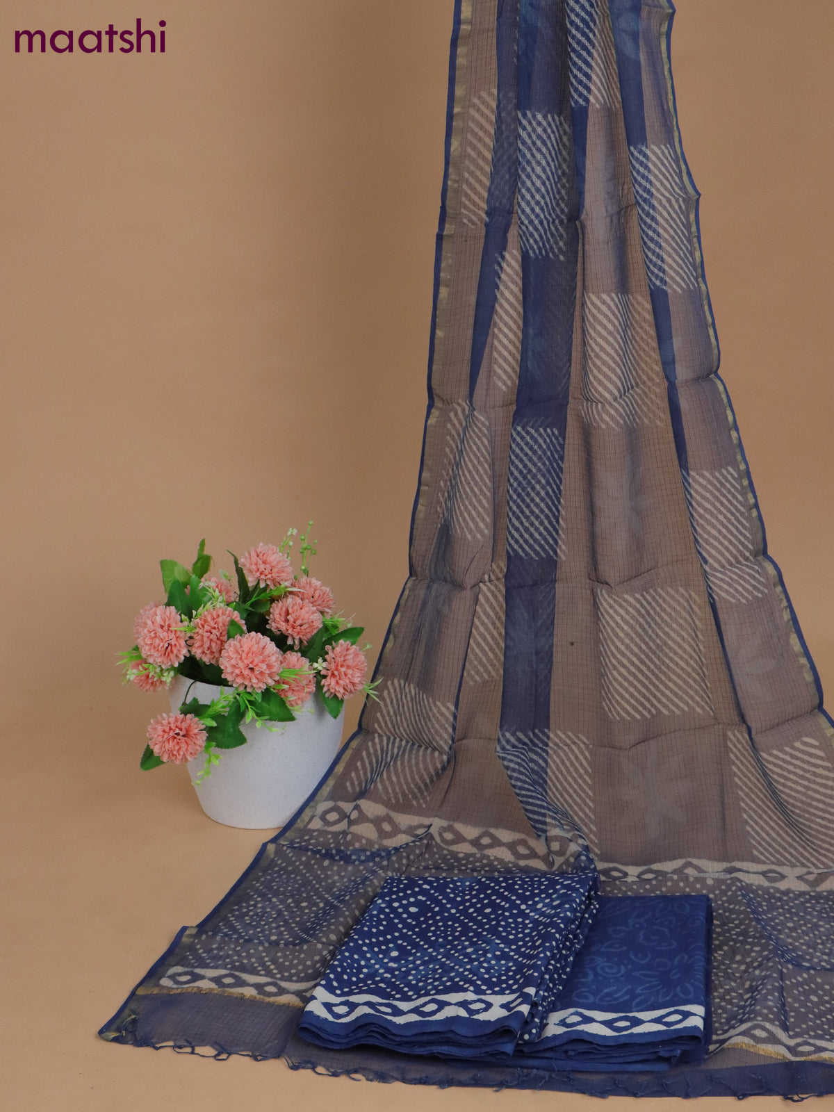 Mulmul cotton dress material blue with allover prints and bottom & kota printed dupatta