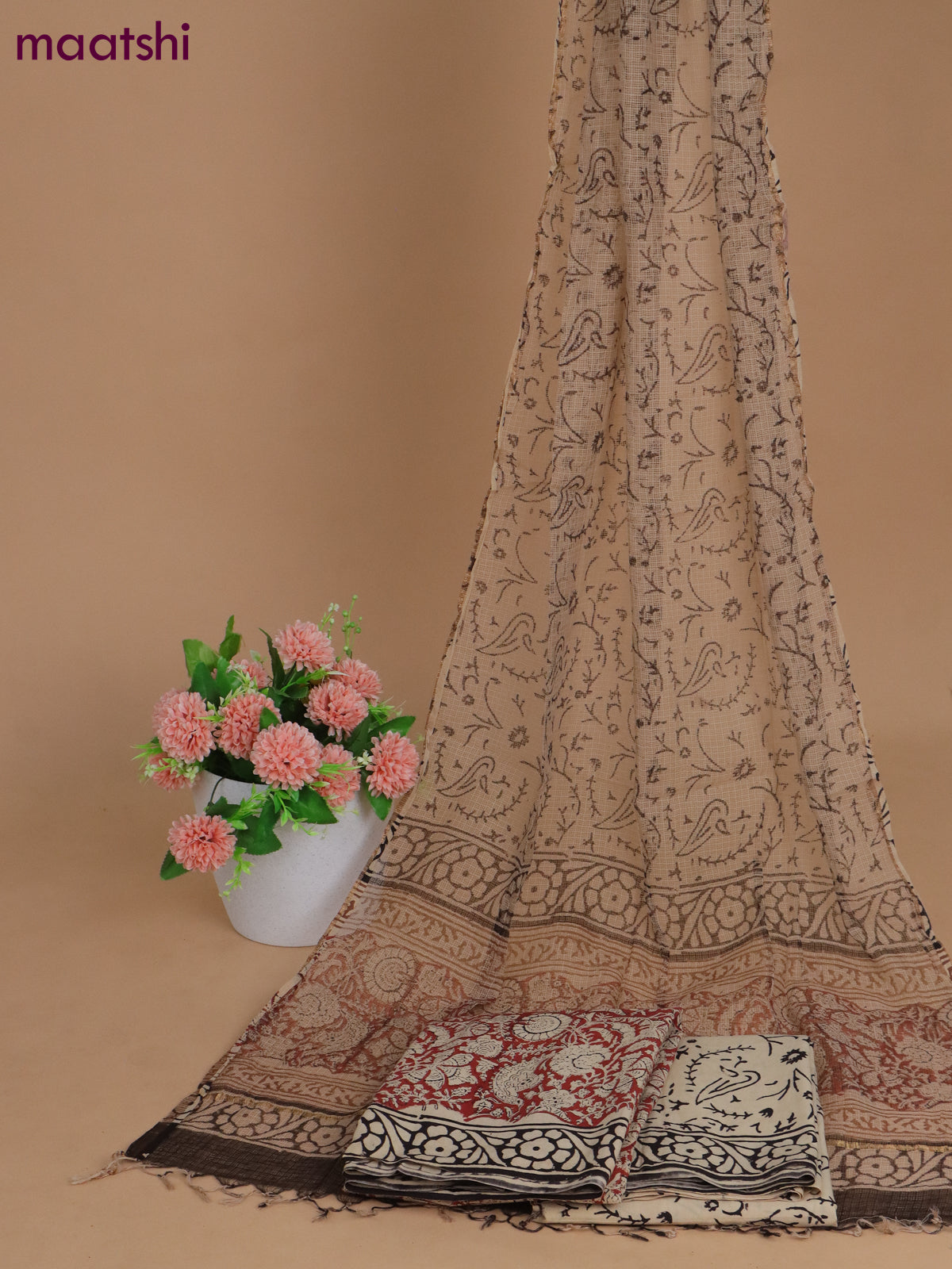 Mulmul cotton dress material maroon and cream with allover kalamkari prints and bottom & kota printed dupatta