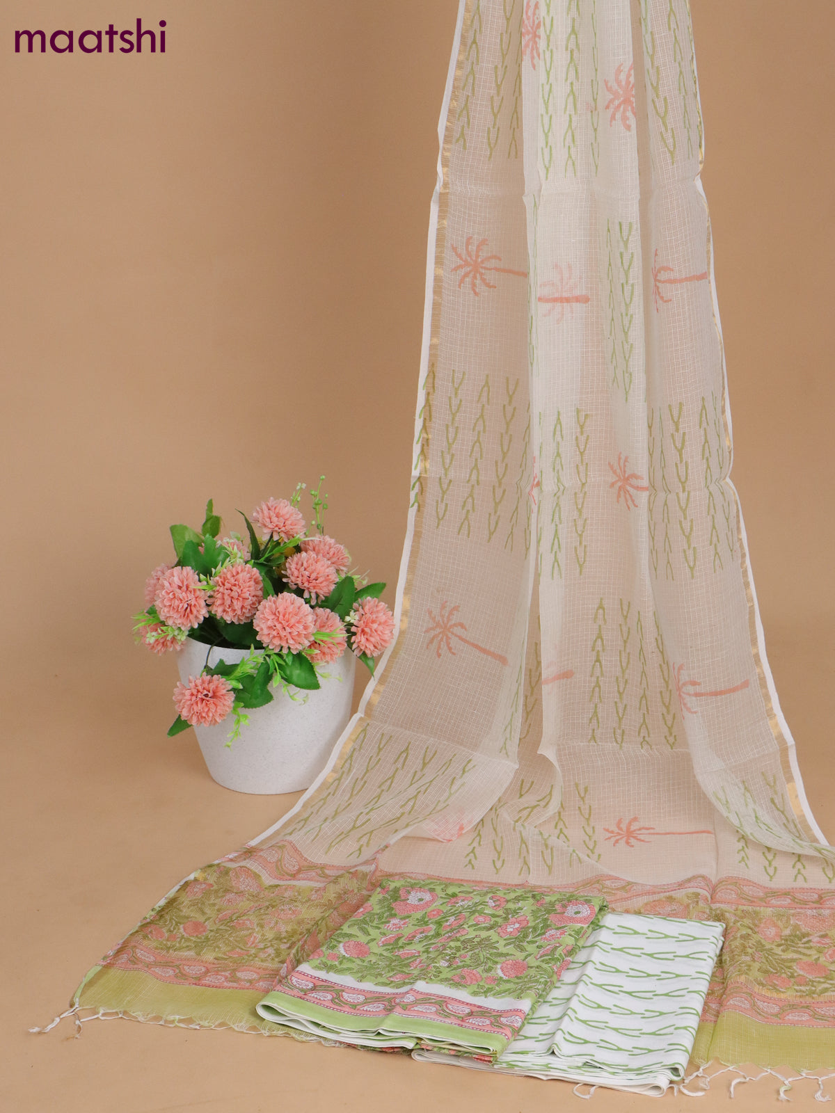 Mulmul cotton dress material pista green and off white with allover kalamkari prints and bottom & kota printed dupatta