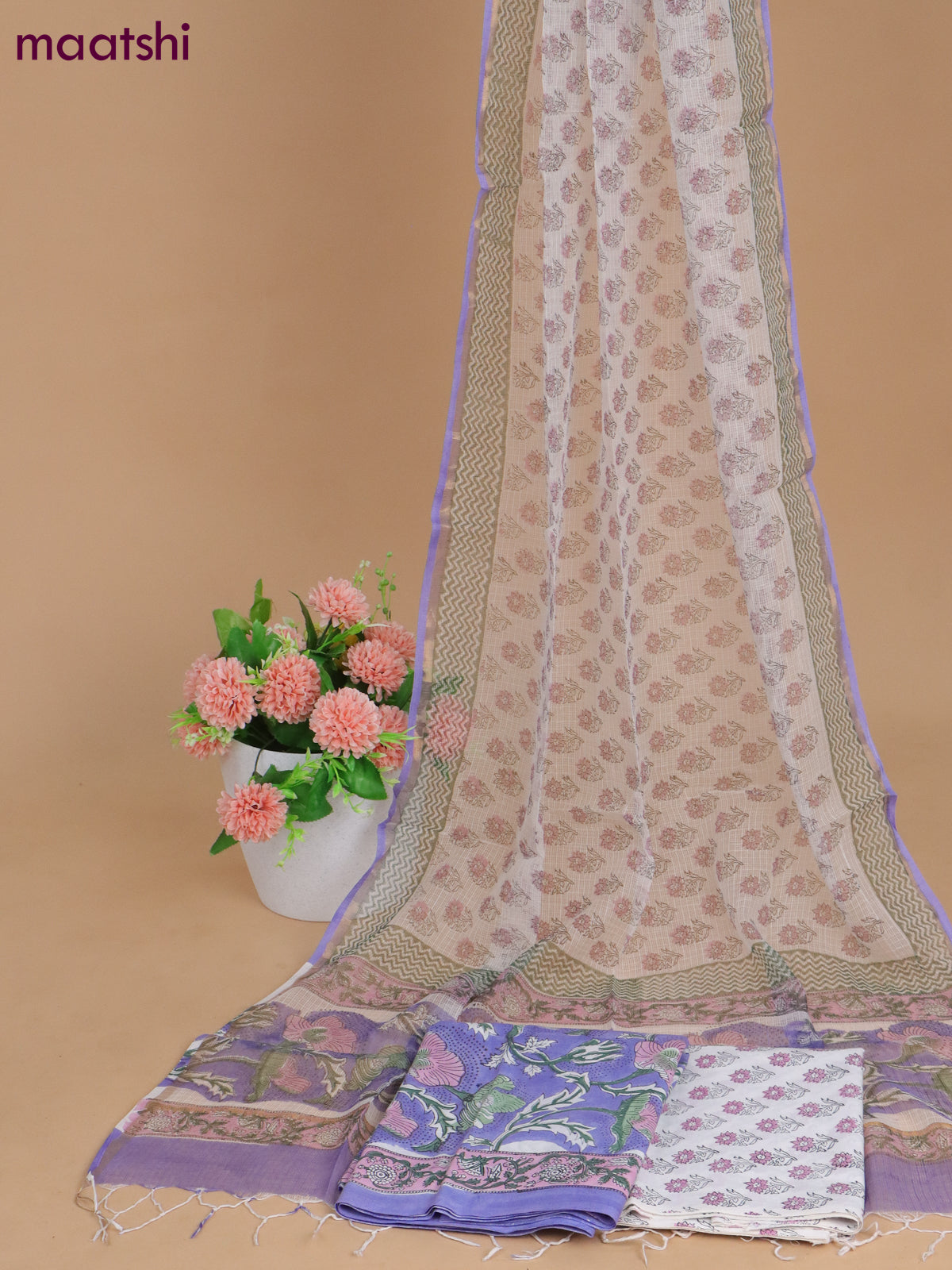 Mulmul cotton dress material lavender shade and off white with allover kalamkari prints and bottom & kota printed dupatta
