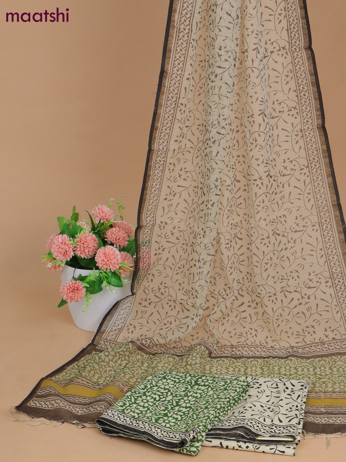 Mulmul cotton dress material green and cream with allover prints and bottom & kota printed dupatta