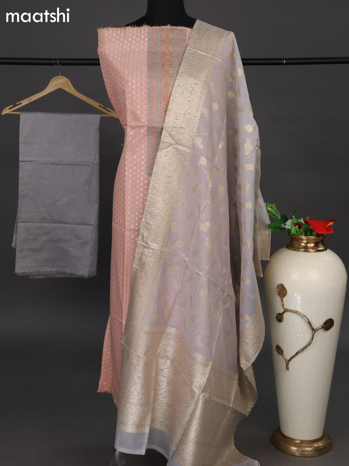 Chanderi dress material peach orange and grey with allover zari buttas & patch work neck pattern and bottom & banarasi dupatta