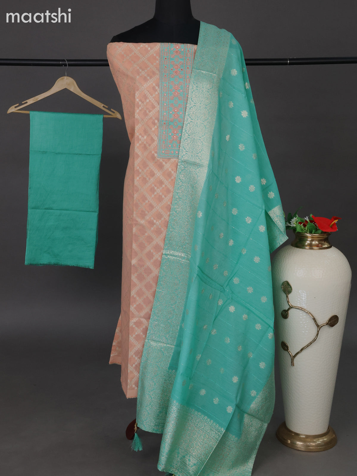 Chanderi dress material peach orange and teal blue with allover zari weaves & patch work neck pattern and bottom & banarasi dupatta