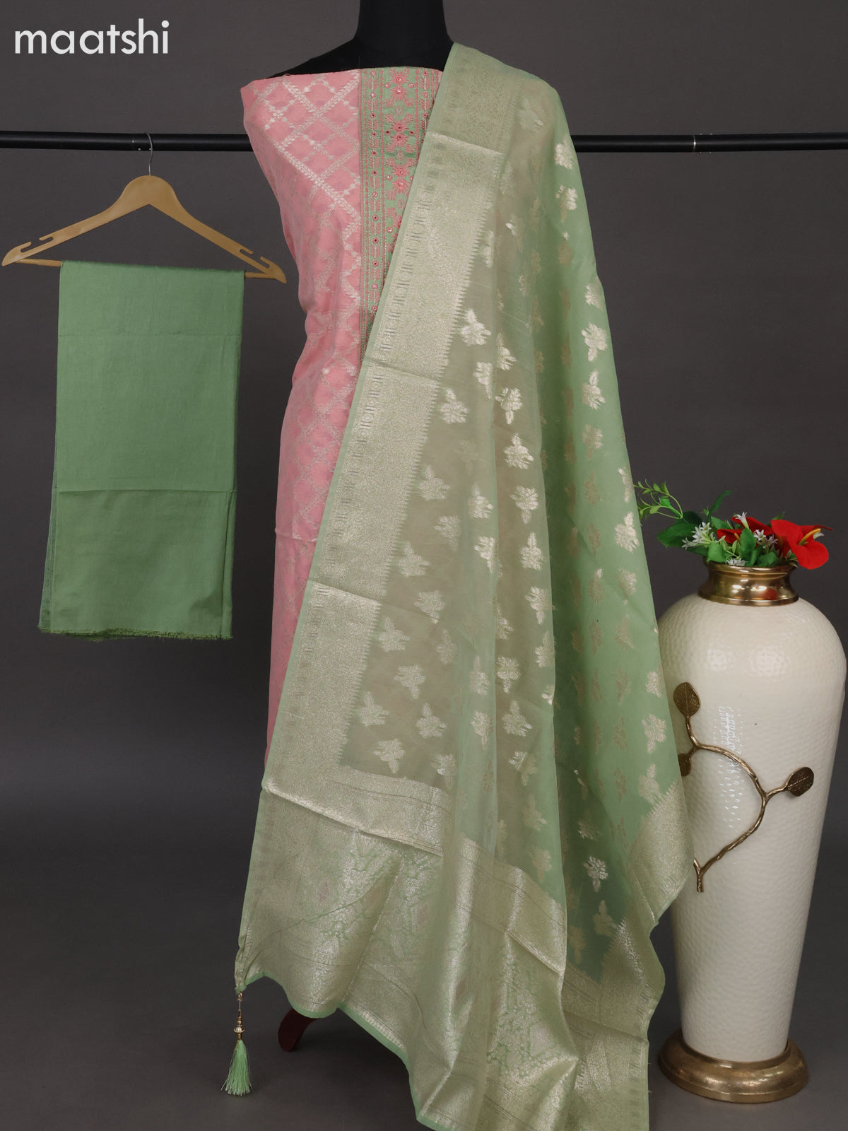 Chanderi dress material peach pink and pastel green with allover zari weaves & patch work neck pattern and bottom & banarasi dupatta