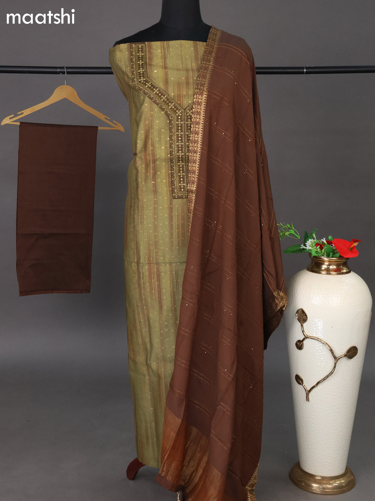 Chanderi dress material mehendi green and brown with zari woven buttas & embroidery work neck pattern and bottom & sequin work dupatta