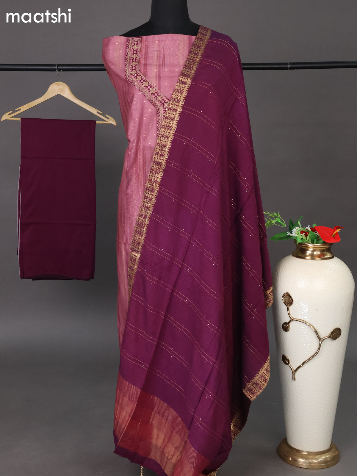 Chanderi dress material mauve pink and wine shade with zari woven buttas & embroidery work neck pattern and bottom & sequin work dupatta