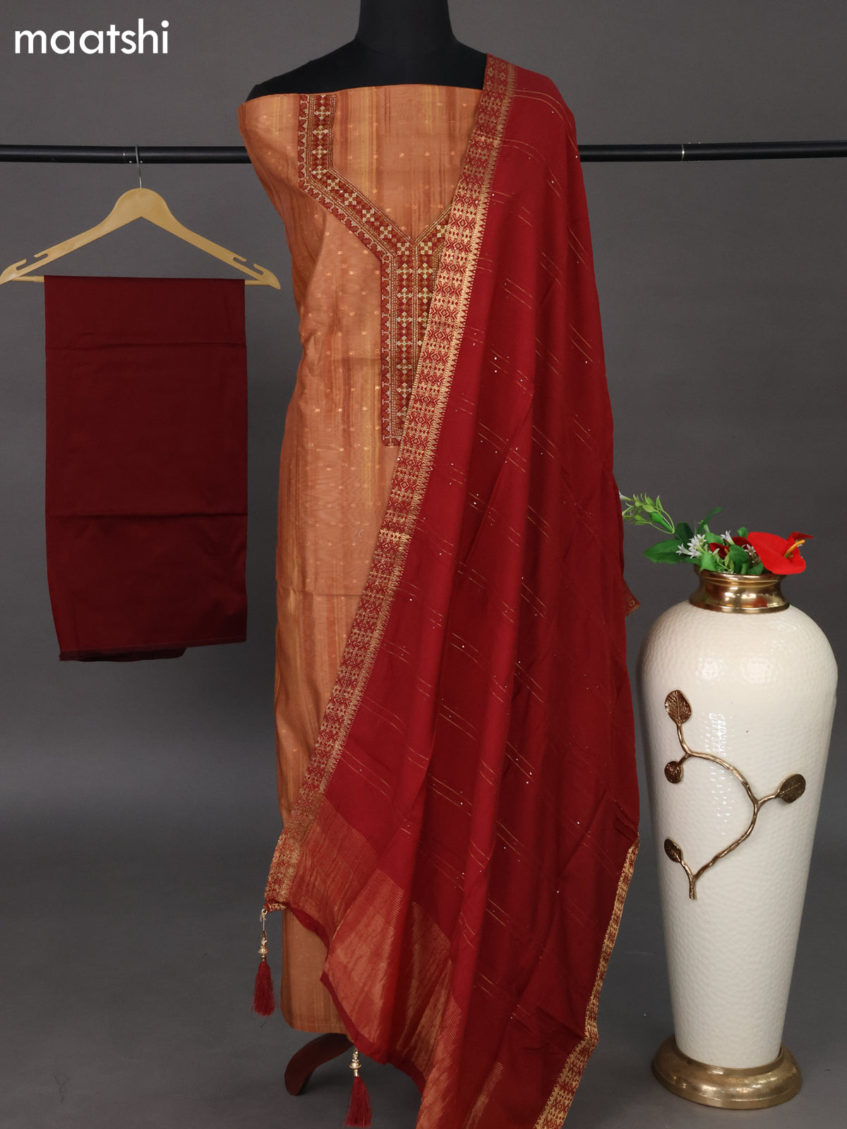 Chanderi dress material rust shade and deep maroon with zari woven buttas & embroidery work neck pattern and bottom & sequin work dupatta