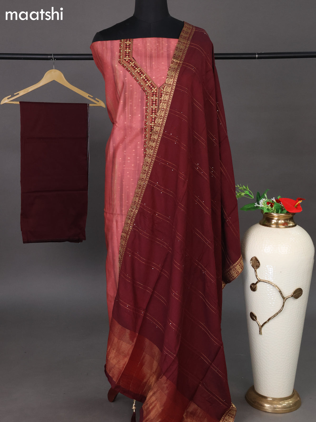 Chanderi dress material maroon shade and deep maroon with zari woven buttas & embroidery work neck pattern and bottom & sequin work dupatta