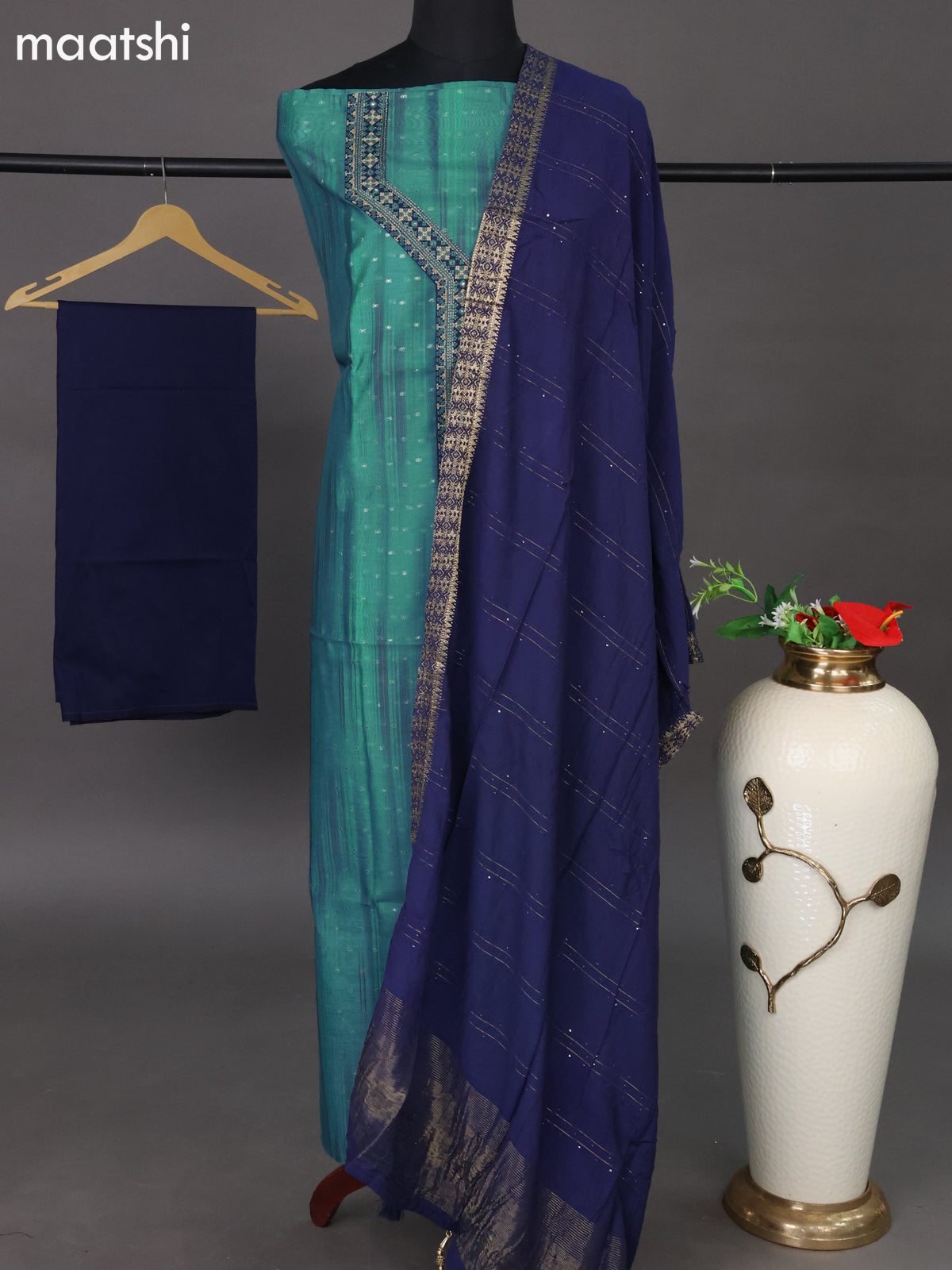 Chanderi dress material teal blue shade and navy blue with zari woven buttas & embroidery work neck pattern and bottom & sequin work dupatta