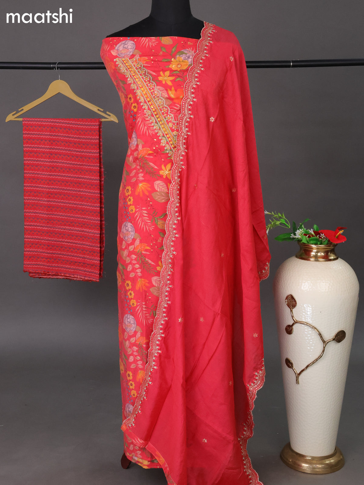 Modal dress material red with allover prints & embroidery work neck pattern and bottom & dupatta