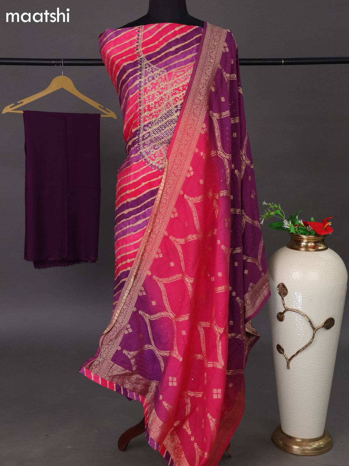 Modal dress material pink and deep purple with leheriya prints & embroidery work neck pattern and bottom & dupatta