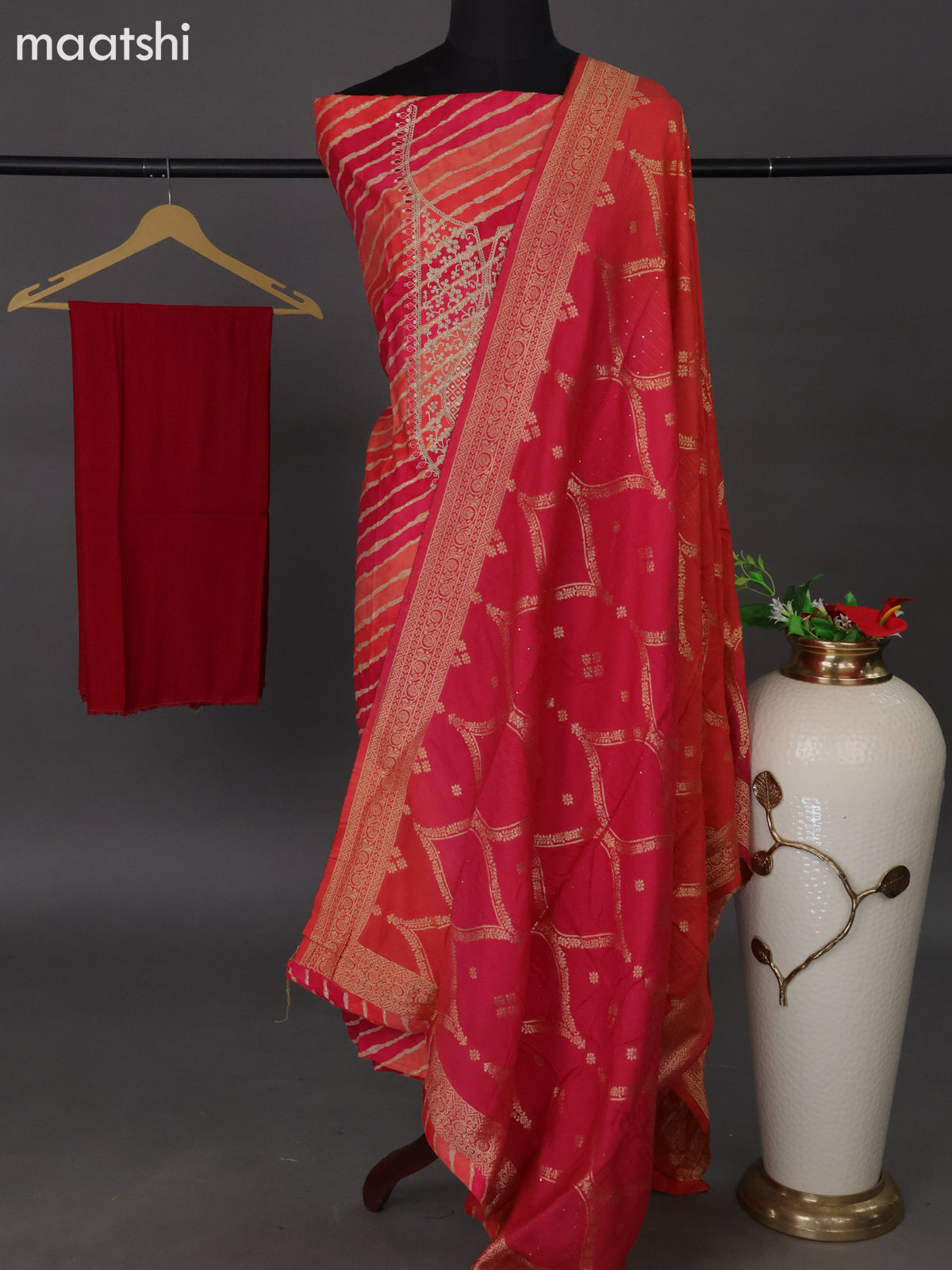 Modal dress material pink and orange with leheriya prints & embroidery work neck pattern and bottom & banarasi style dupatta