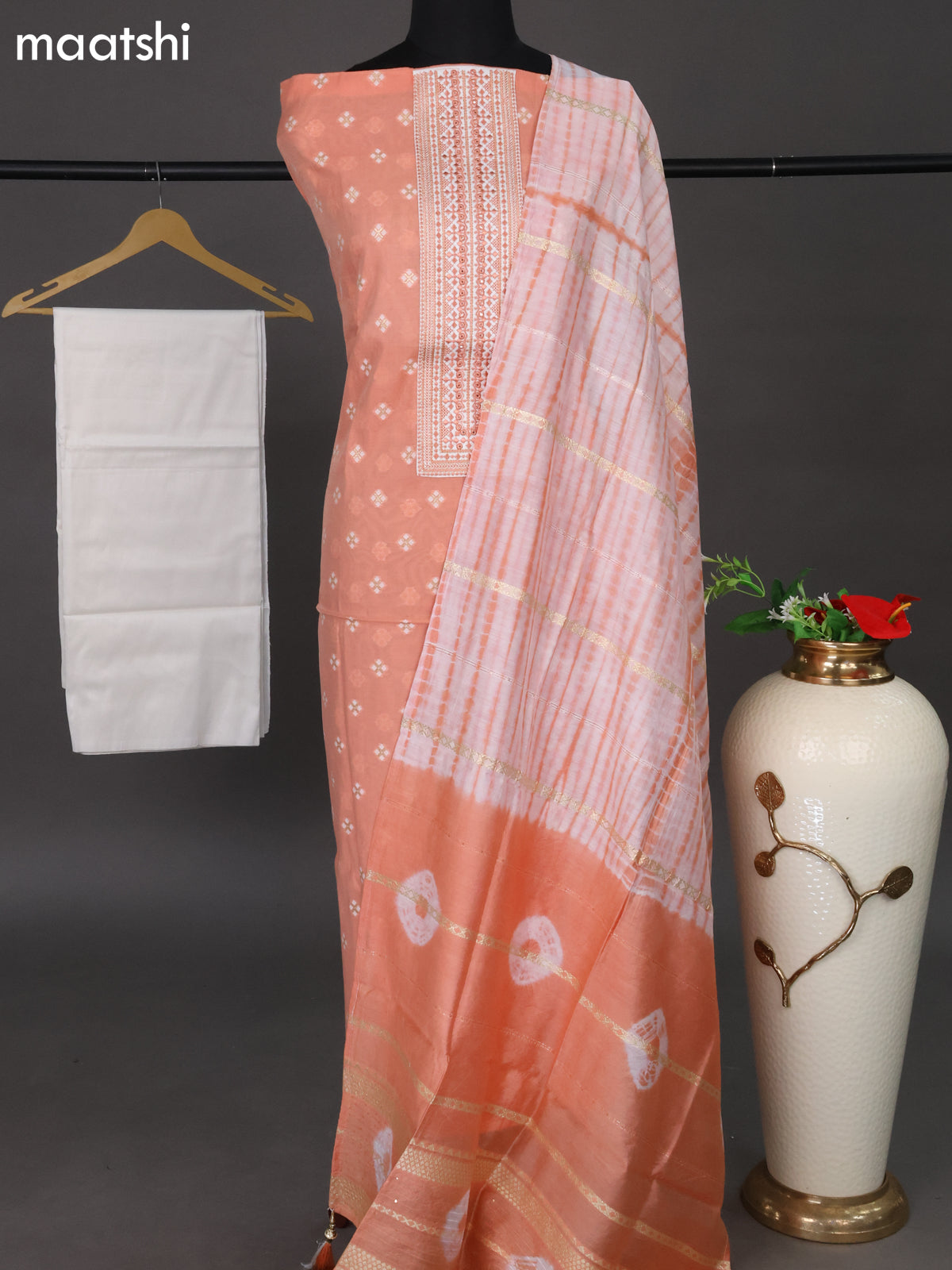 Chanderi dress material peach orange and off white with woven buttas & embroidery work neck pattern and bottom & sequin work dupatta