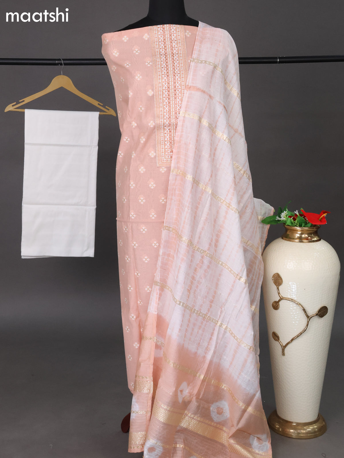 Chanderi dress material mild peach and off white with woven buttas & embroidery work neck pattern and bottom & sequin work dupatta