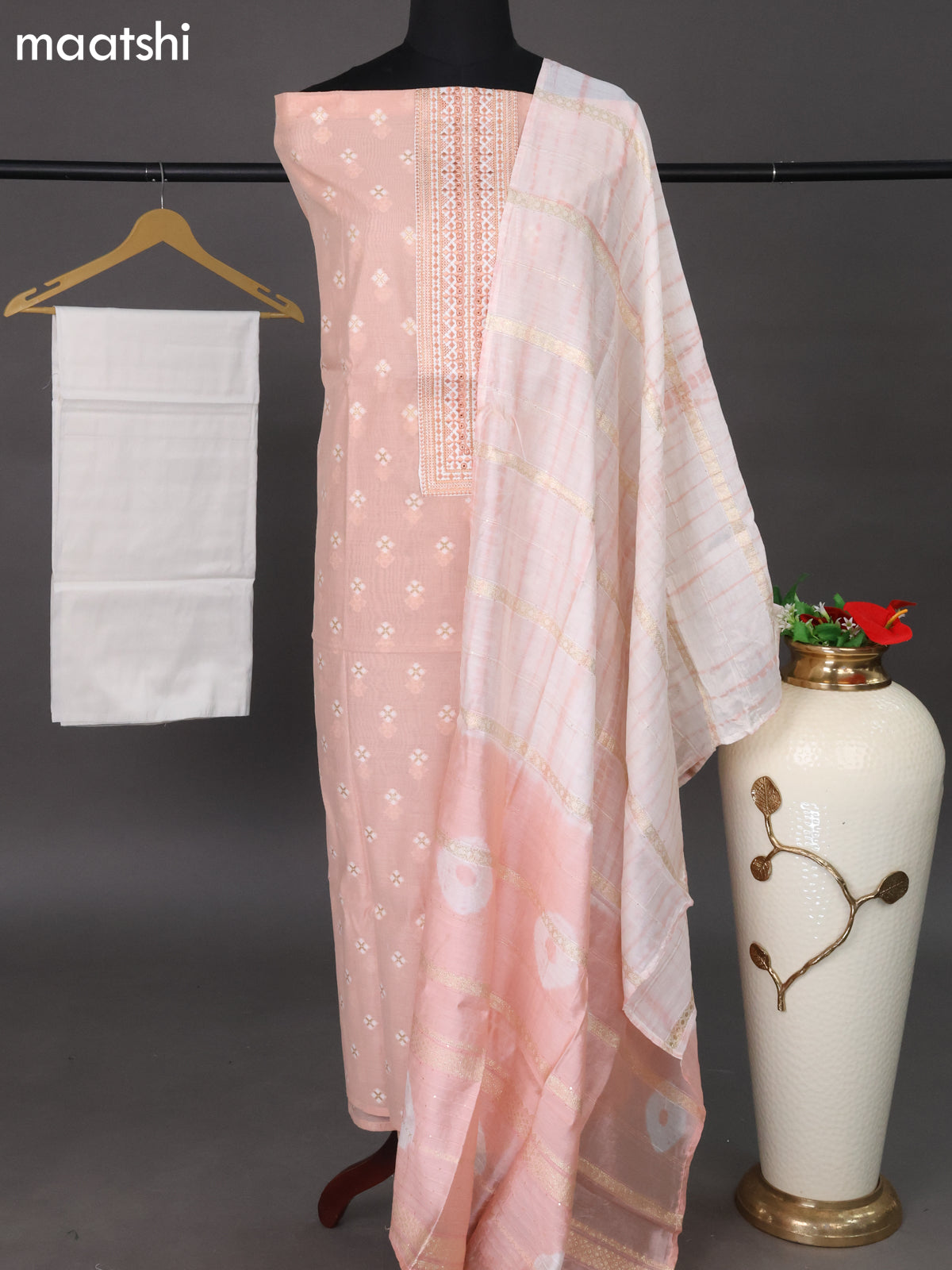 Chanderi dress material mild peach and off white with woven buttas & embroidery work neck pattern and bottom & sequin work dupatta