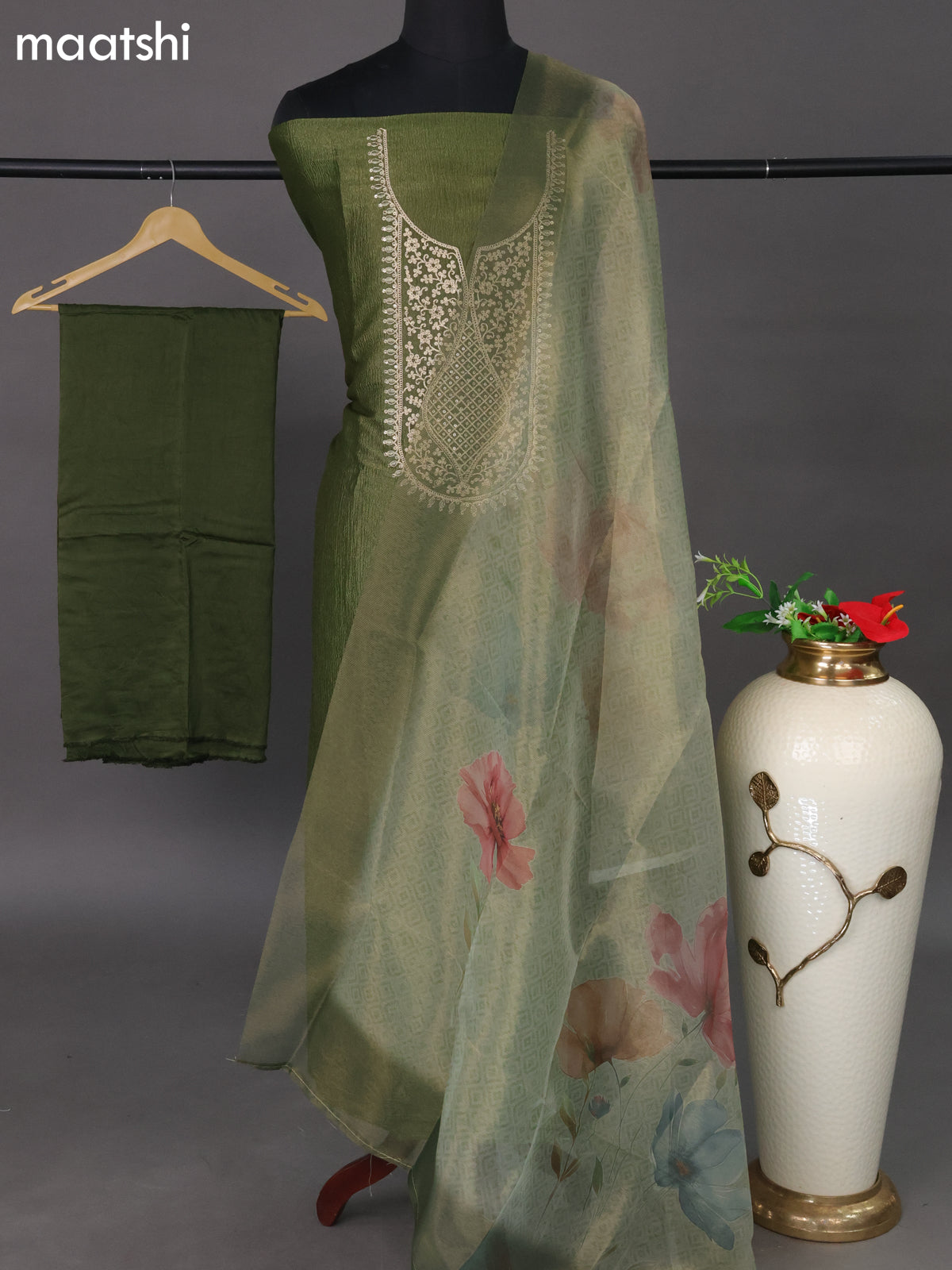 Crush tissue dress material sap green with embroidery & sequin work neck pattern and bottom & printed dupatta