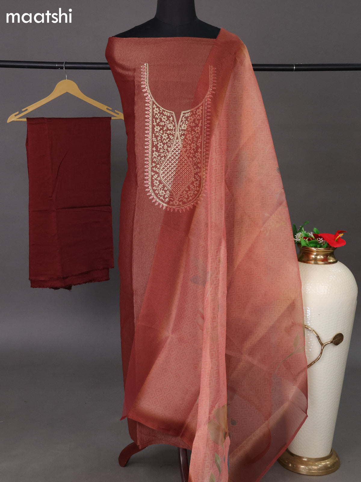 Crush tissue dress material maroon and mild peach with embroidery & sequin work neck pattern and bottom & printed dupatta
