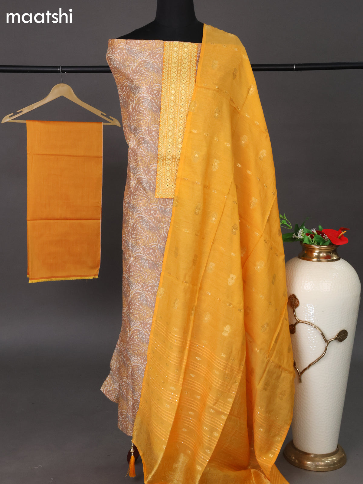 Chanderi dress material dark sandal and mustard yellow with allover prints & embroidery work neck pattern and bottom & sequin work dupatta