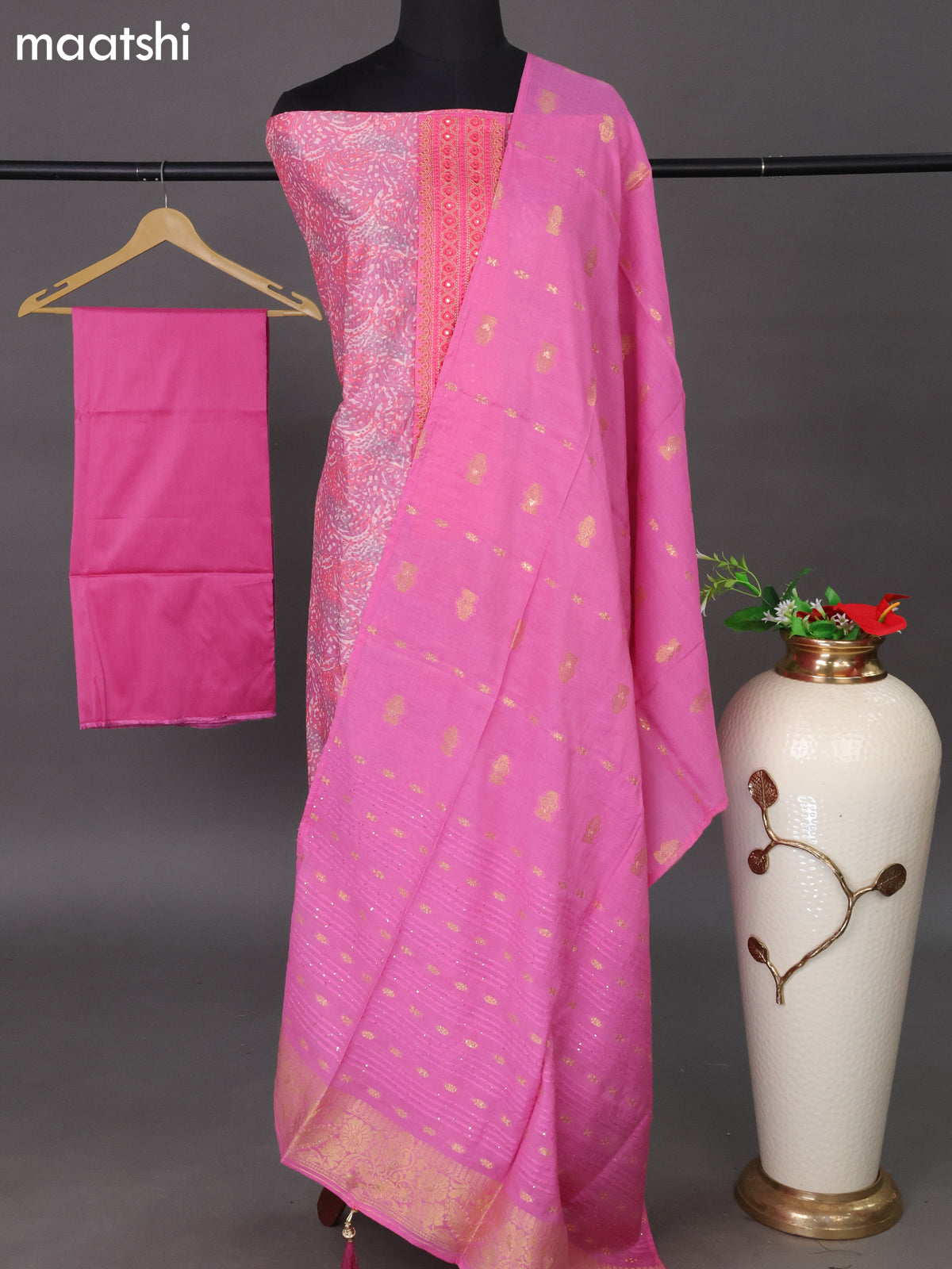 Chanderi dress material pastel pink with allover prints & embroidery work neck pattern and bottom & sequin work dupatta